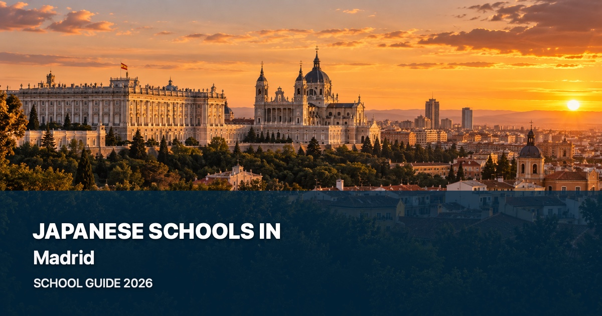 Japanese schools in Madrid, with a local landscape background and 2026 school guide title