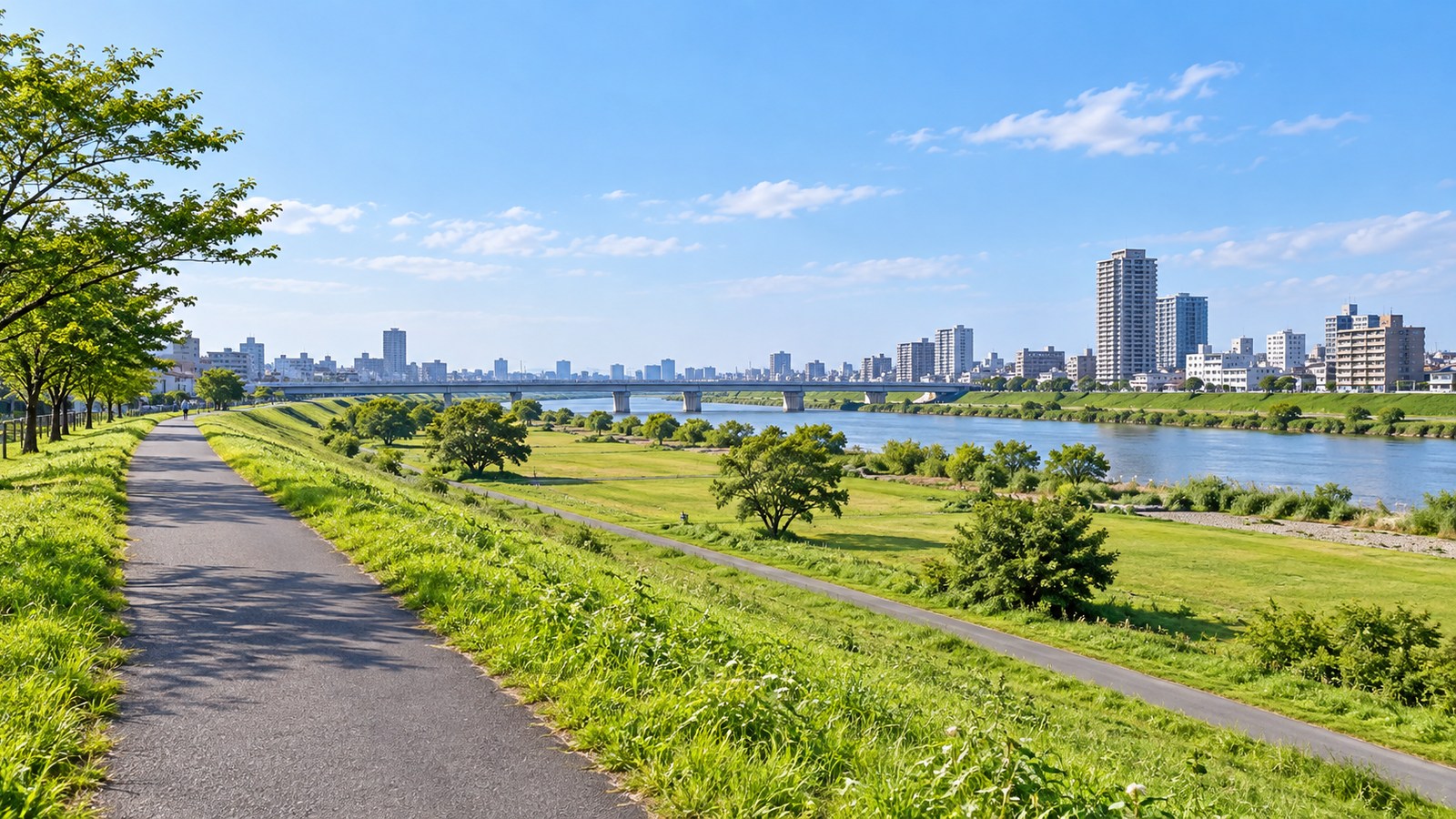 戸田市をイメージした明るい川辺と緑の景色