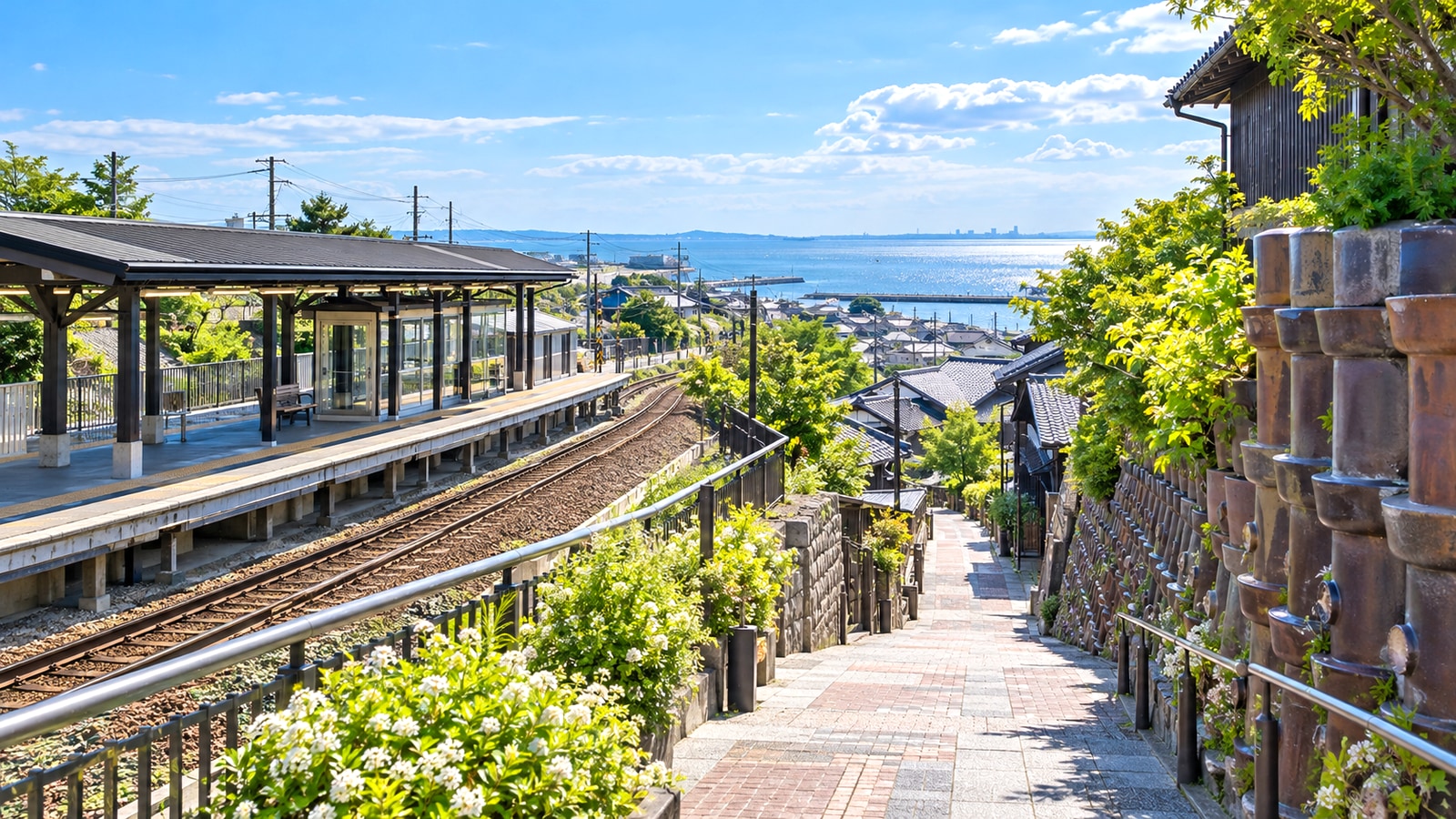常滑市の駅周辺を歩く親子の通室イメージ