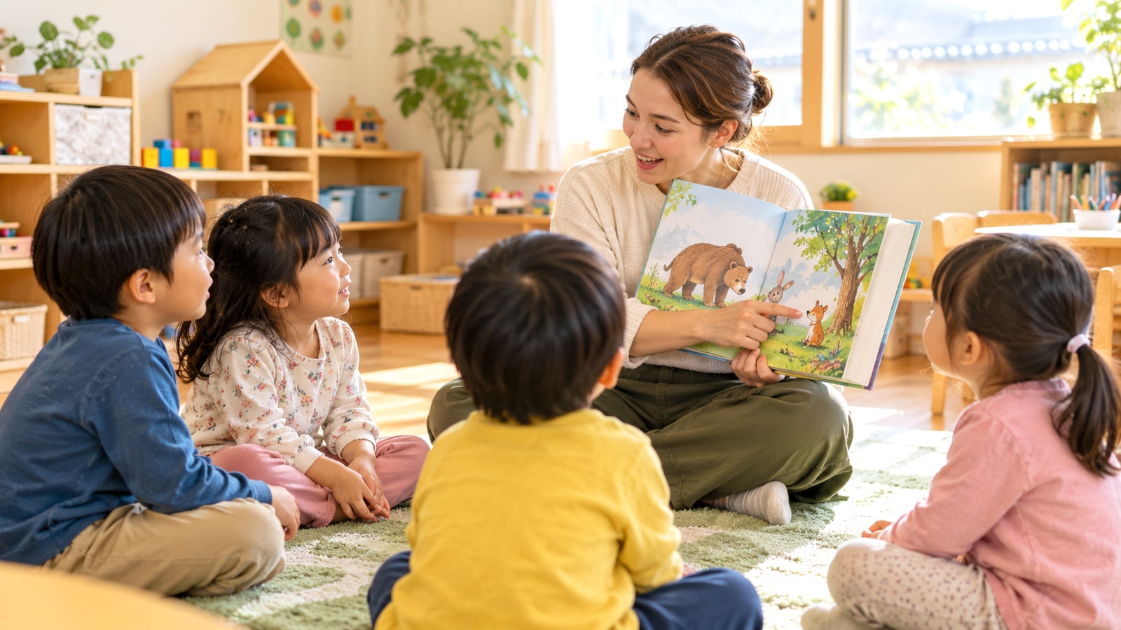 明るい保育室で先生と子どもたちが絵本を囲む学びのイメージ