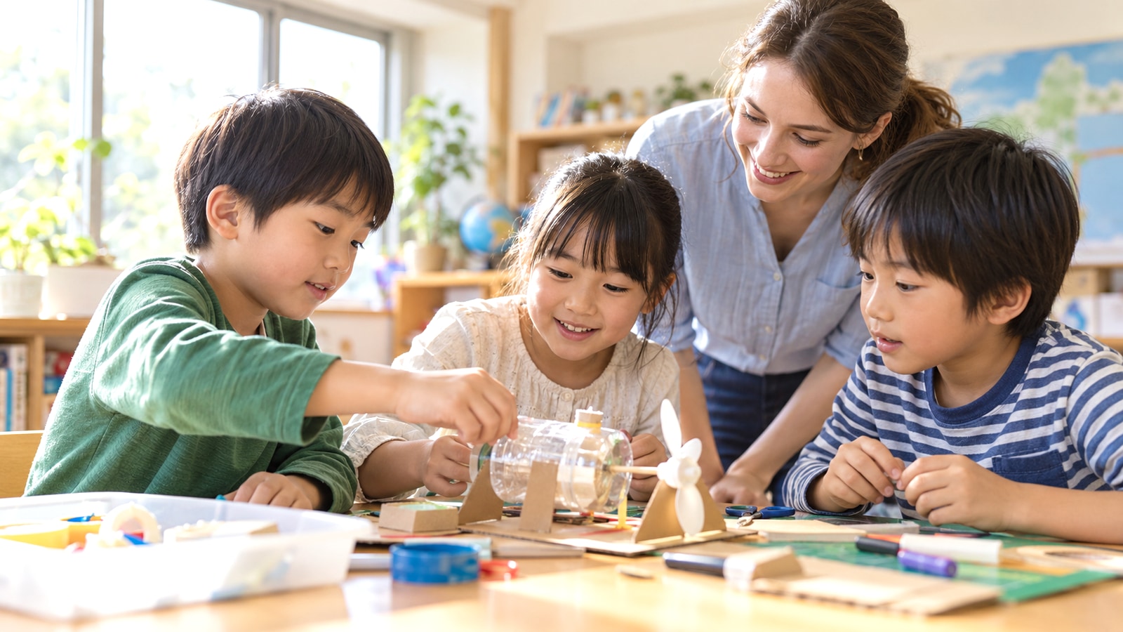 小学生が放課後に先生と協力して工作に取り組む学びのイメージ