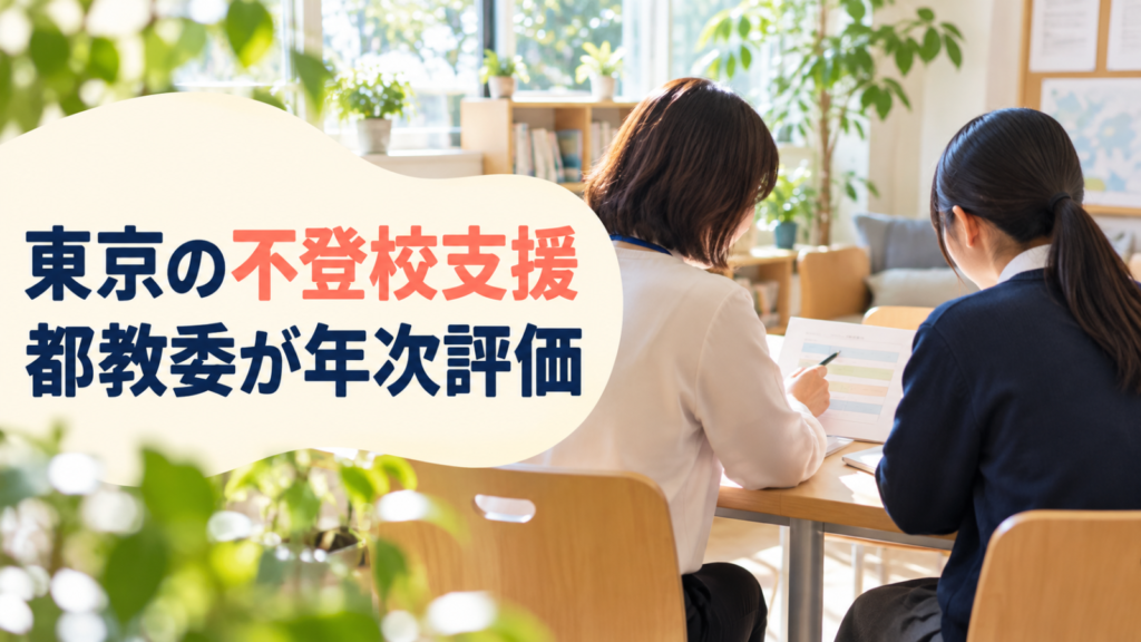 明るい学校の相談室で支援者と生徒が話す写真に『東京の不登校支援 都教委が年次評価』の文字を配置