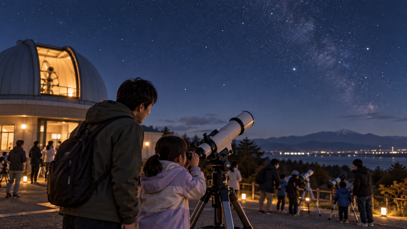 望遠鏡で星を観察する子どもたちのAI生成イメージ。苫小牧市の実在天文行事・参加者の写真ではありません。