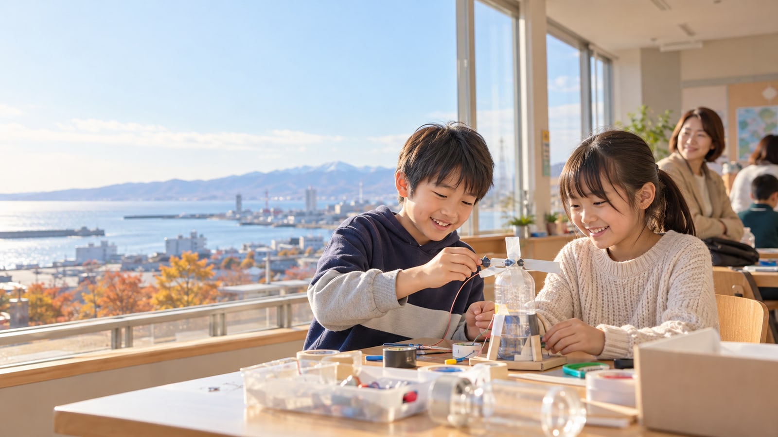 地域で工作を楽しむ子どもたちのAI生成イメージ。苫小牧市の実在団体・施設・参加者の写真ではありません。