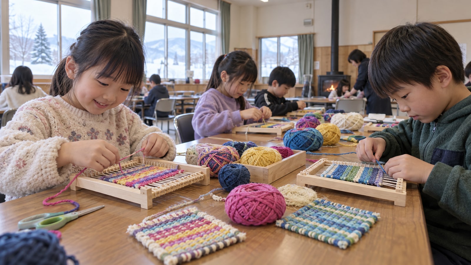 親子で紙を織る工作を楽しむAI生成イメージ。勇武津資料館の実在講座・参加者の写真ではありません。