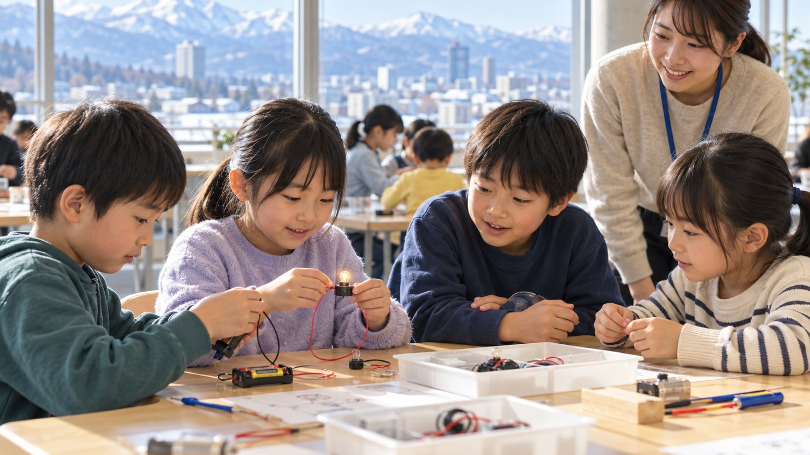 電子工作に取り組む子どもたちのAI生成イメージ。苫小牧市科学センターの実在講座・参加者の写真ではありません。