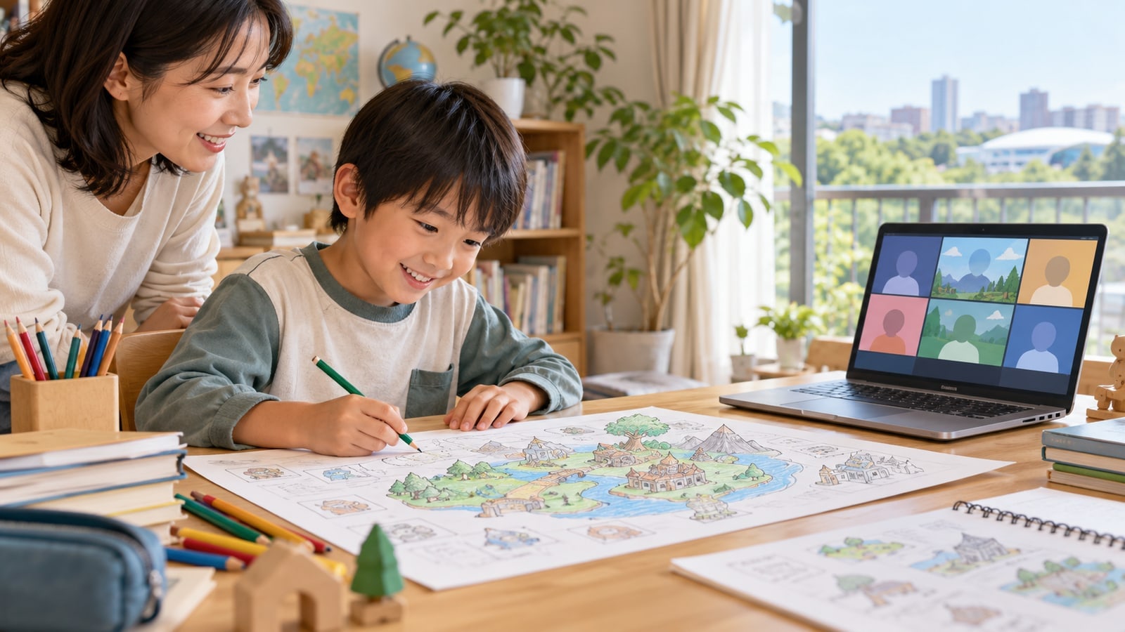 自宅で探究活動に取り組む子どものAI生成イラスト。NIJINの実際の授業・校舎・参加者の写真ではありません。