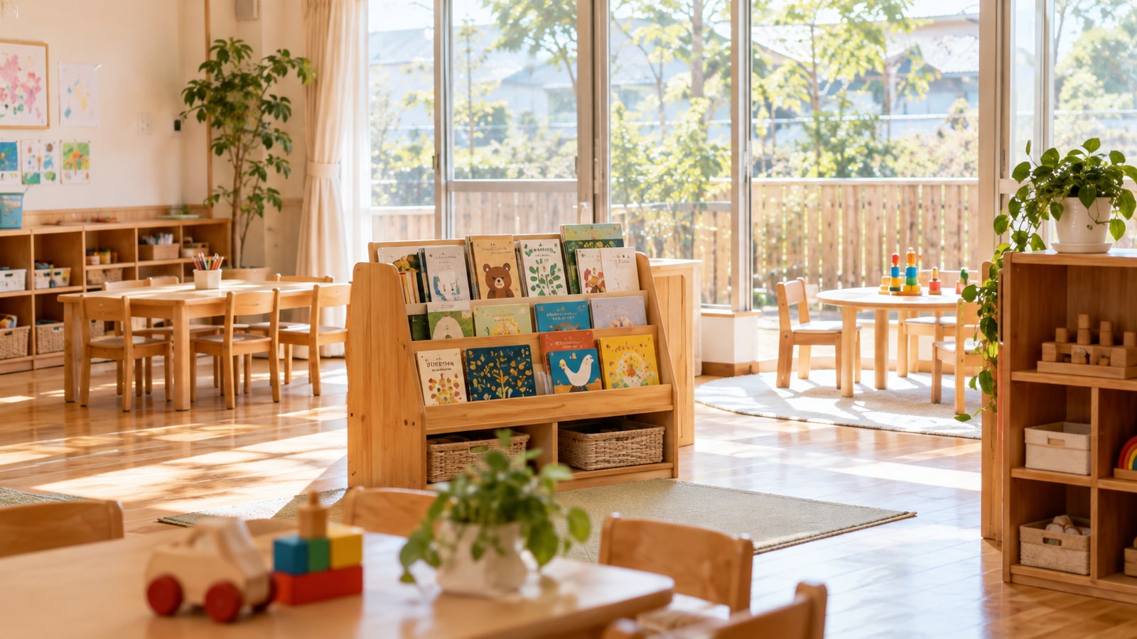 木の家具と窓辺の光がある豊川市の幼児向け学習室