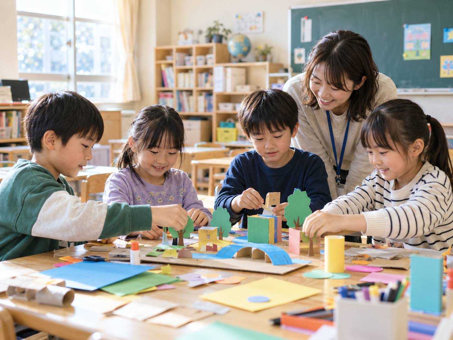 地域の活動をイメージした、笑顔で工作をする日本人の小学生と見守る大人の生成画像
