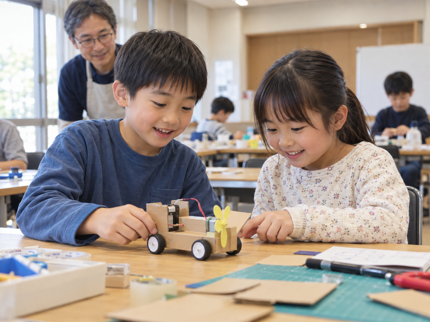 電池とモーターで動く工作を試す子どもたちを表現した生成画像