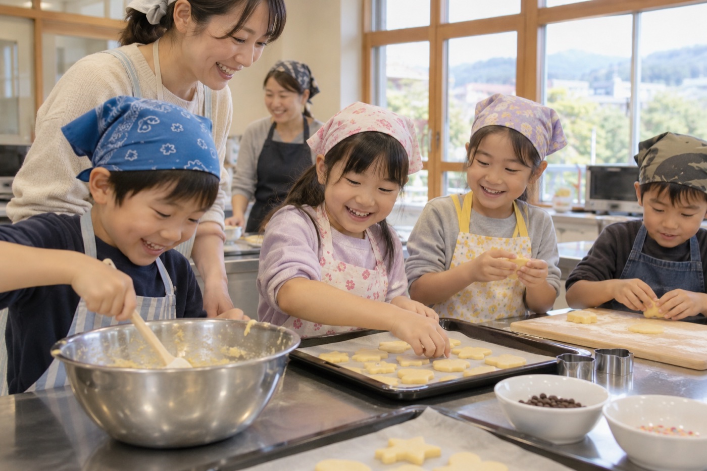 地域の調理体験でクッキーを作る子どもたちのイメージ