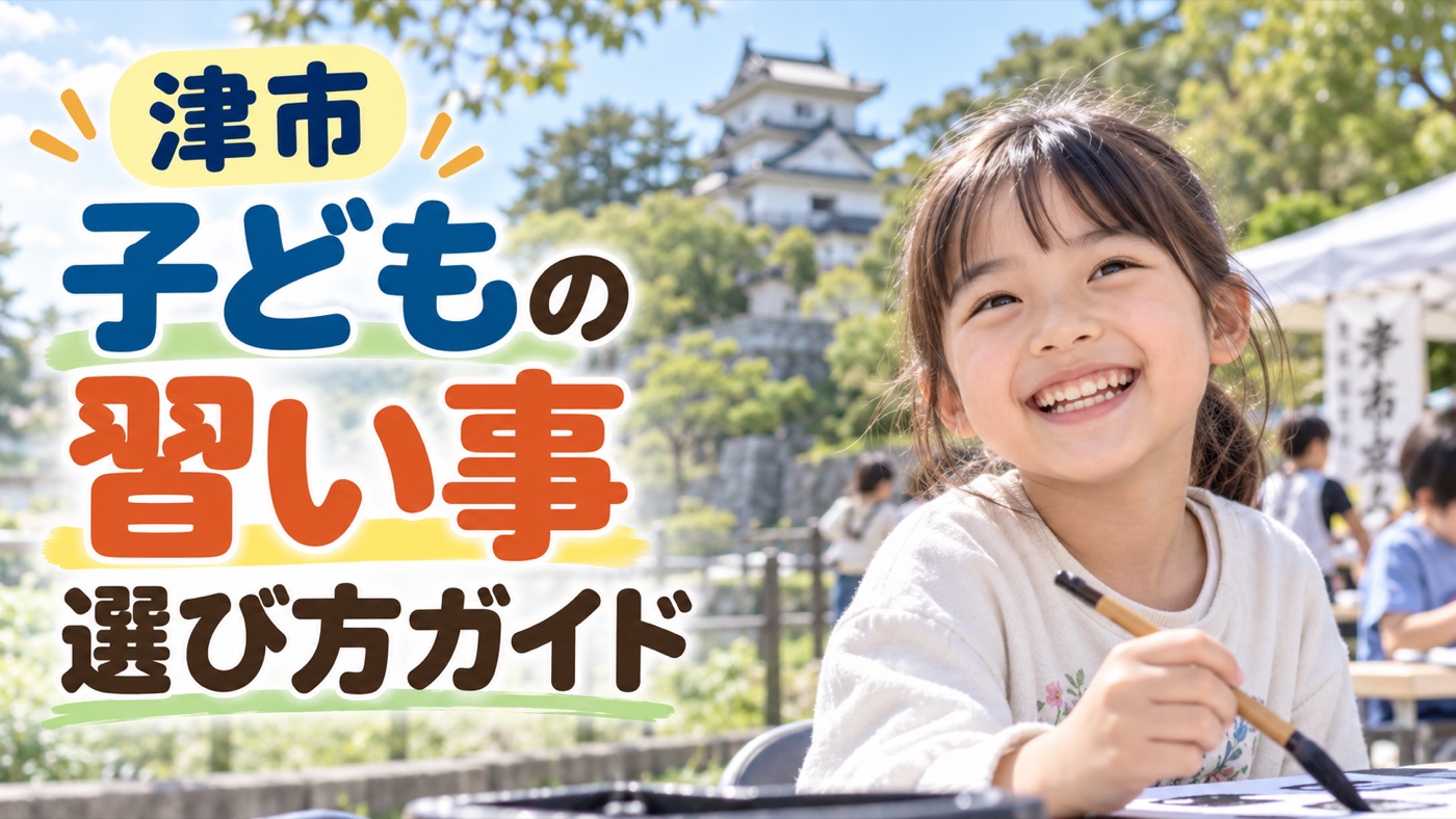 津市の子どもの習い事ガイド。津城を背景に、習字を楽しむ笑顔の子ども