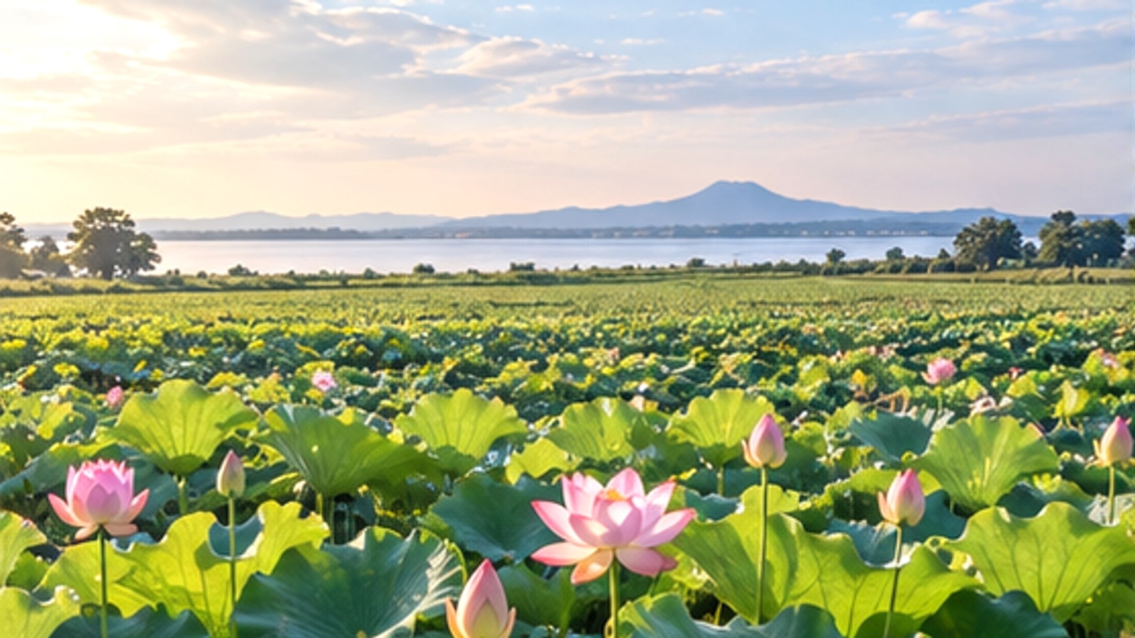 湖畔の蓮田と緑をイメージした土浦市の風景