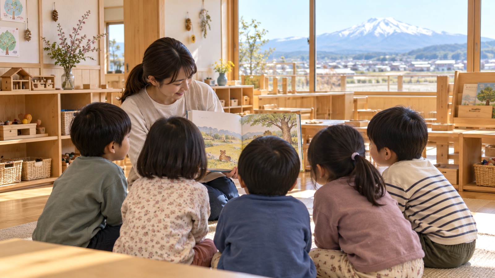 月山の見える明るい保育室で、先生と子どもたちが絵本を読むイメージ