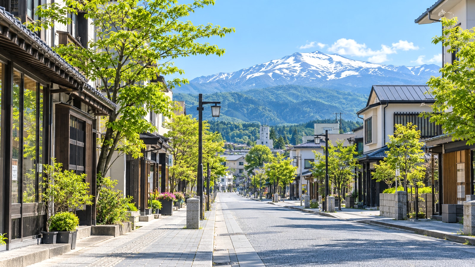月山を望む鶴岡市中心部の通りをイメージした景色