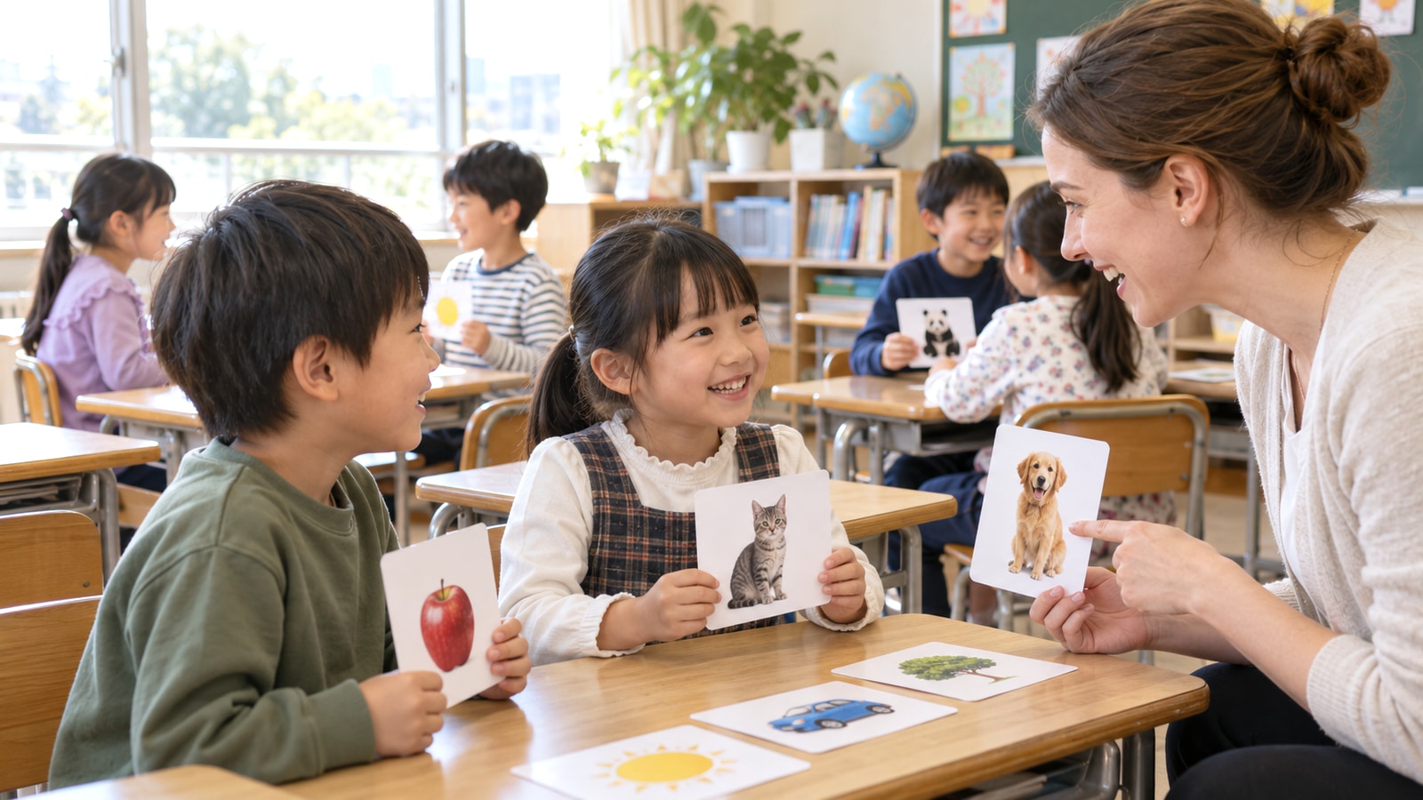 少人数の英語レッスンで子どもたちが絵カードを使って会話するイメージ
