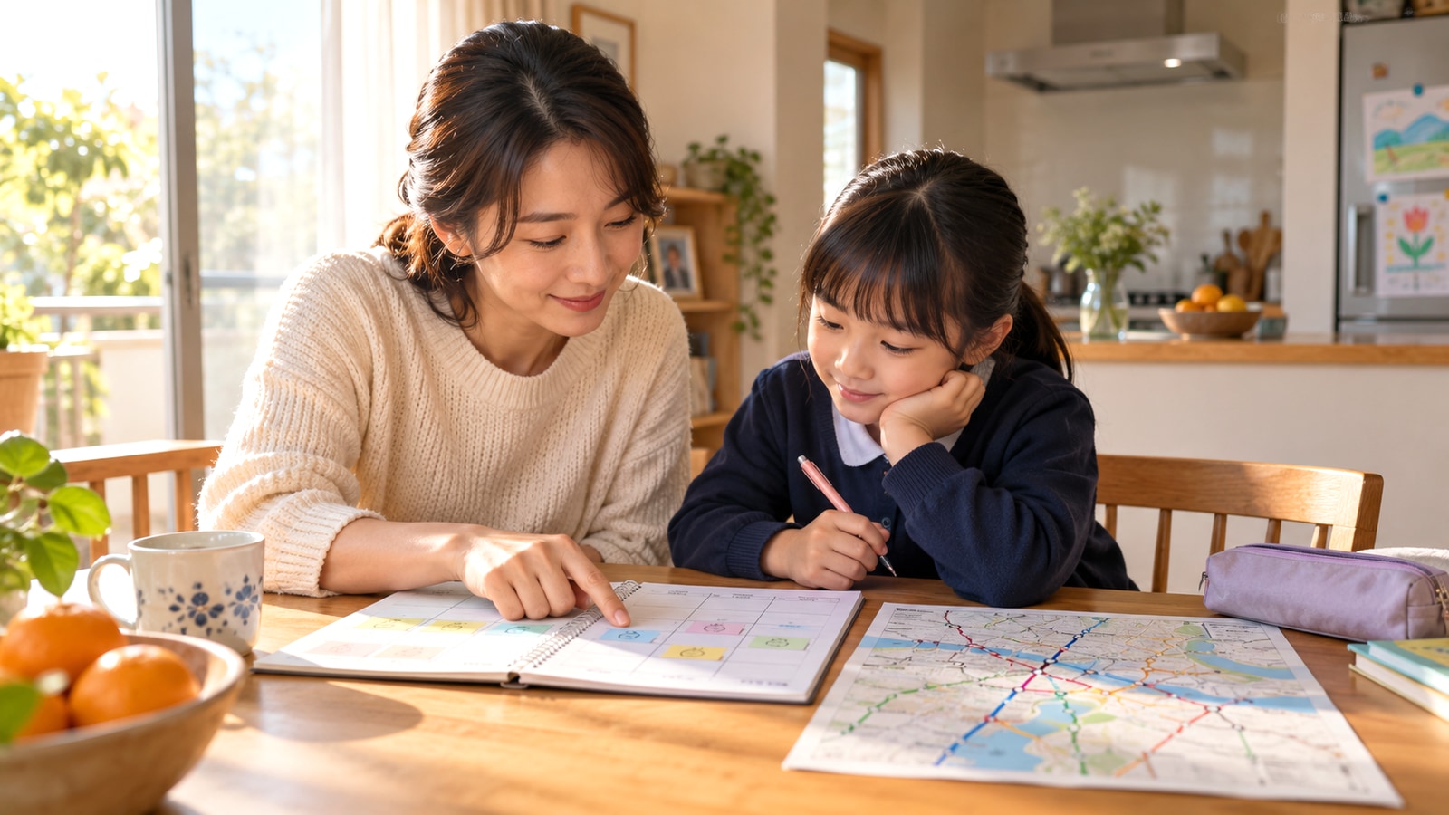 親子で通学予定や一週間の予定を相談するイメージ