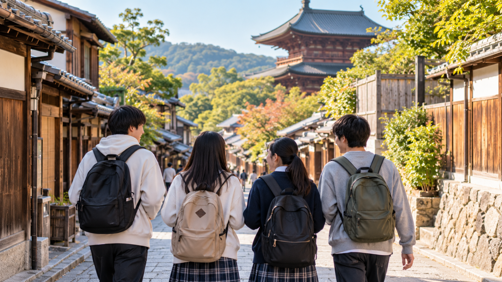 修学旅行を想定した京都風の街並みを歩く高校生のイメージ写真