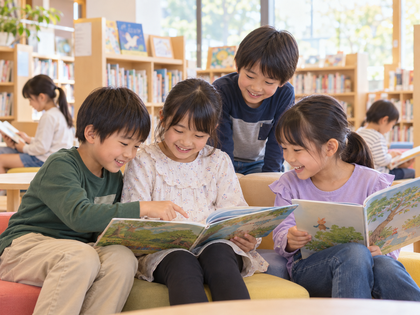 本を手に取り、いっしょに読書を楽しむ日本人の子どもたちのイメージ。津山市立図書館の実際の施設・利用者ではありません