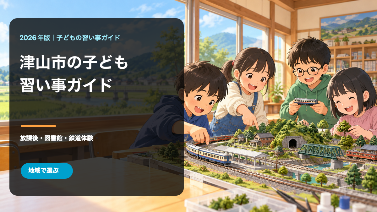 津山市の子どもの習い事ガイド。鉄道模型を楽しむ笑顔の日本人の子どもと地域名入りタイトルの生成画像