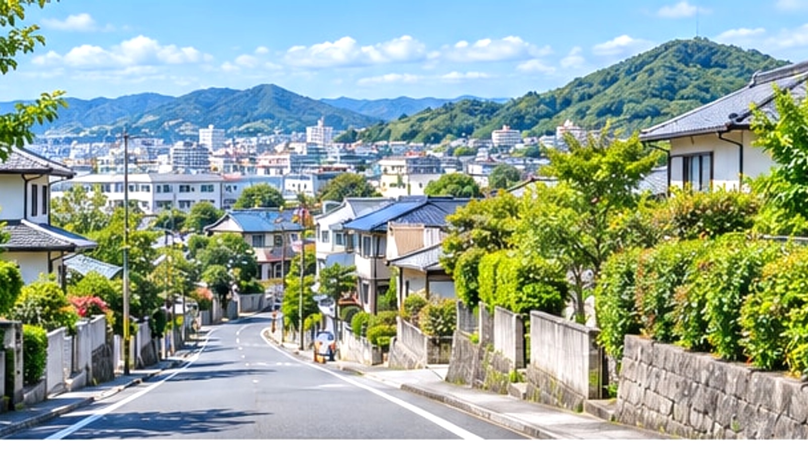 緑の木々と歩道が続く公園をイメージした風景