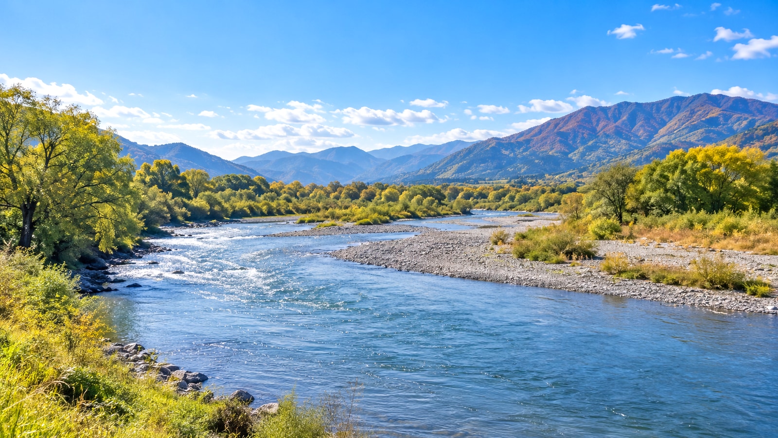 上田市を流れる千曲川と山並みをイメージした明るい景色