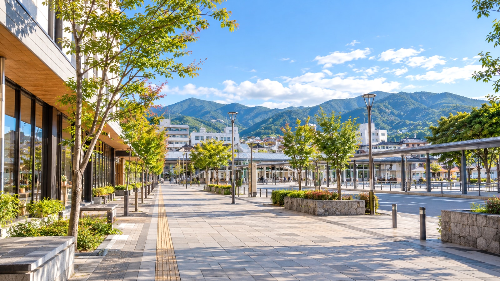 上田駅周辺の街並みと山並みをイメージした景色