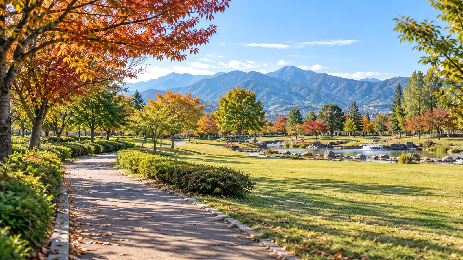 緑の公園と遠くの山並みをイメージした明るい景色