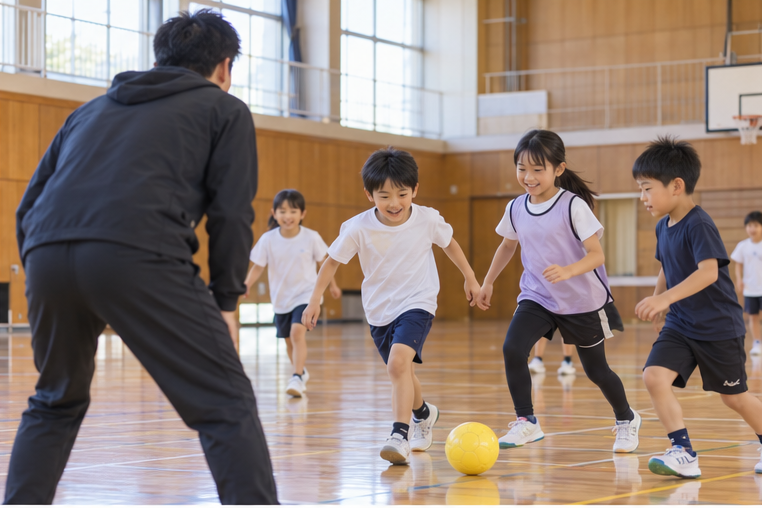 上田市の地域活動をイメージした、体育館で体を動かす子どもたちの生成画像