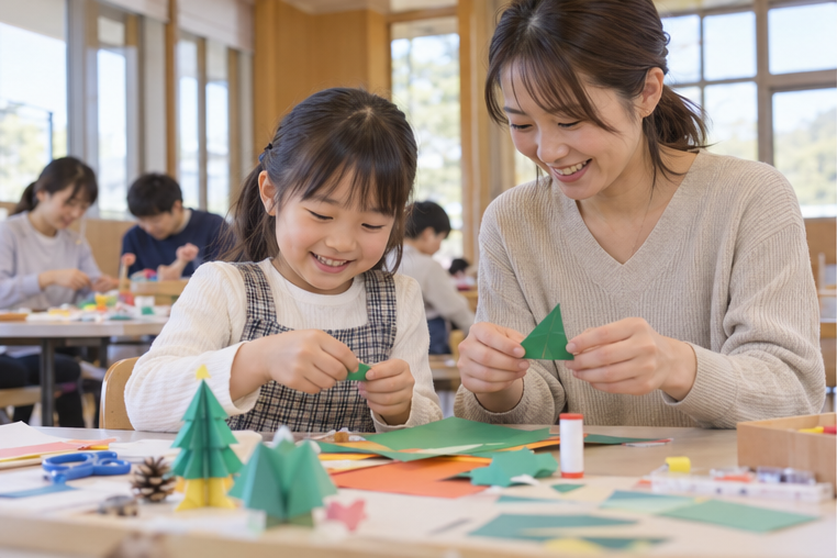 上田市の公民館活動をイメージした、親子で工作を楽しむ生成画像