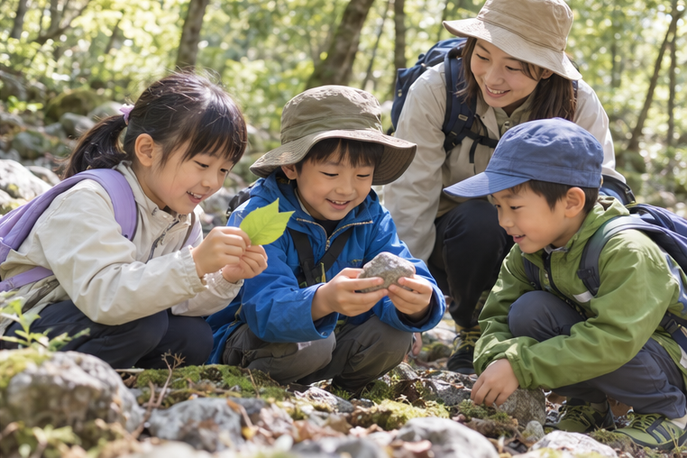 上田市の地域活動をイメージした、自然の中で子どもが発見を楽しむ生成画像