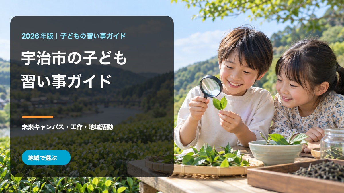 宇治市の子どもの習い事ガイド。明るい茶畑と自然を背景に笑顔の日本人の子どもたちが体験学習をするイメージを描き、宇治市・習い事ガイドの文字を配置した生成画像。宇治市の実在風景・施設・人物の写真ではありません