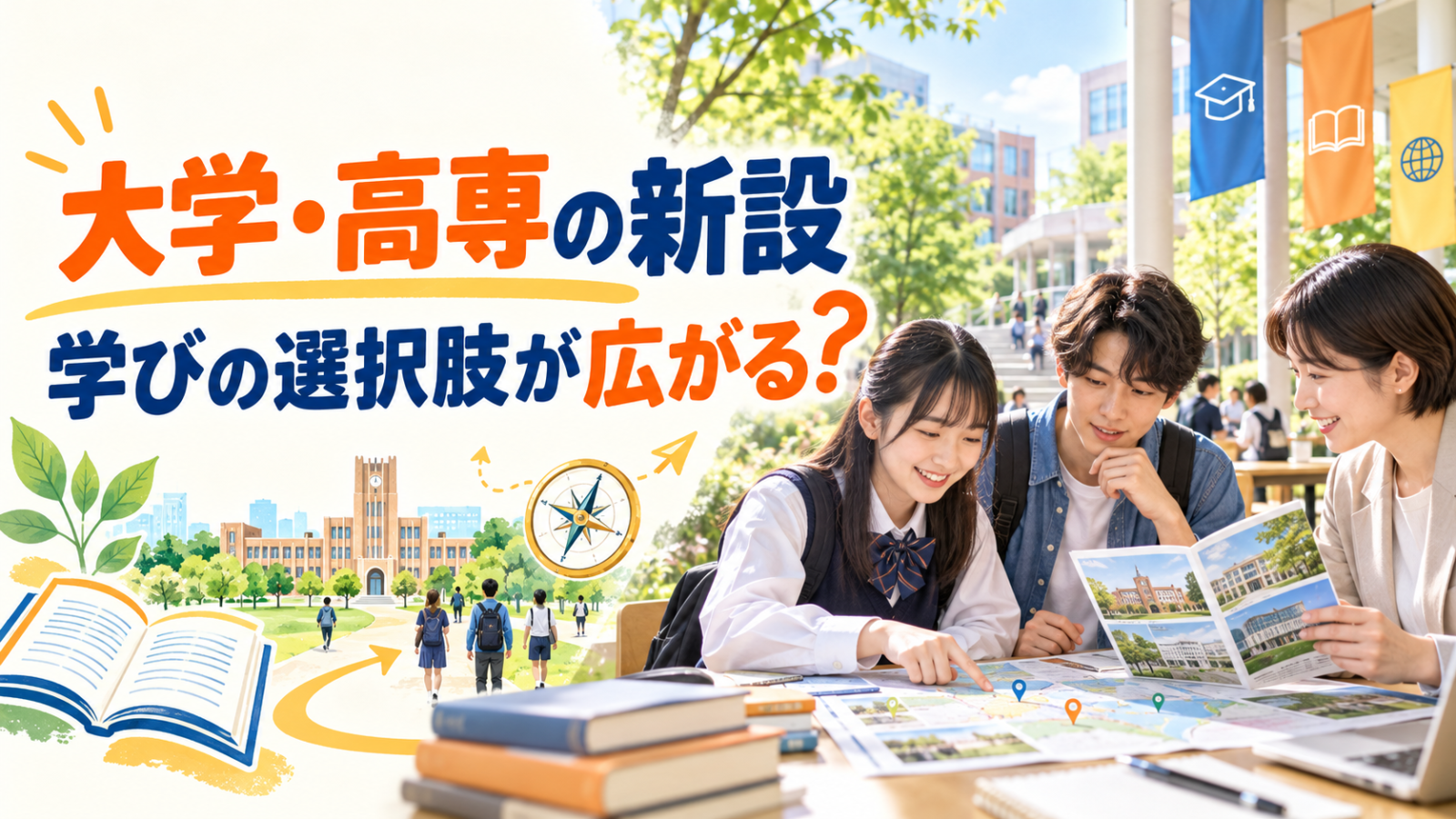 大学・高専の新設と学びの選択肢を表す明るいサムネイル