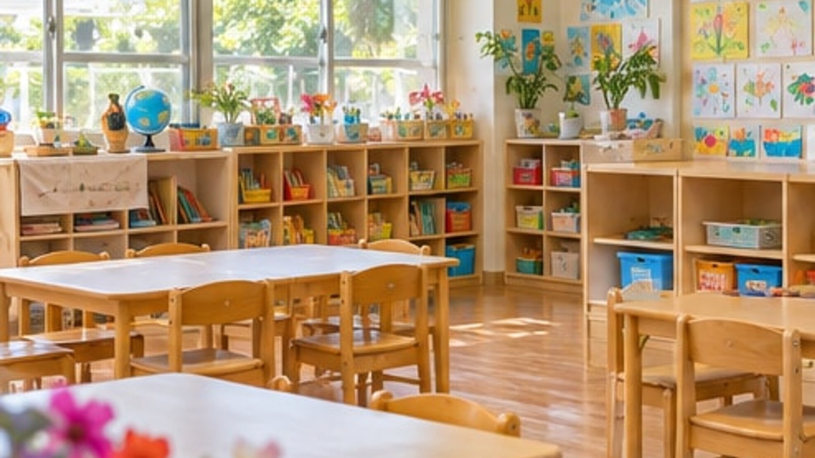 自然光の入る明るい幼児向け学習室