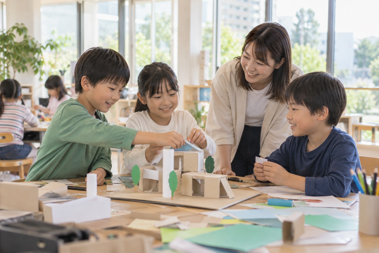 子どもたちが地域の体験活動で協力して工作するイメージ(生成画像。宇都宮市の実際の施設・参加者ではありません)