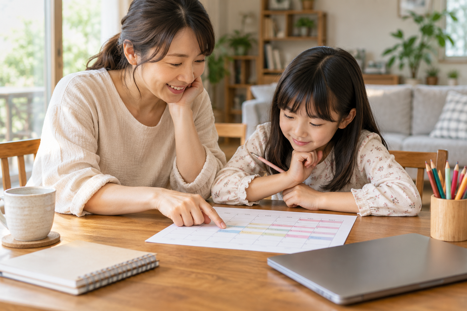 家族でオンライン学習の週間予定を確認するイメージ