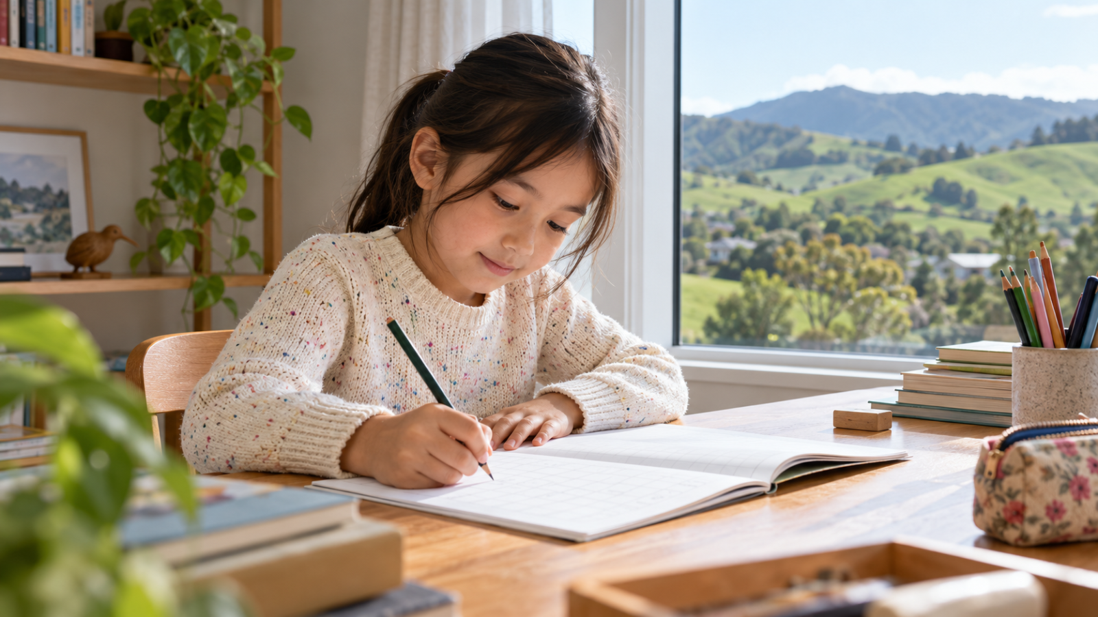 西オークランドの家庭で子どもが日本語の文字を書くイメージ画像