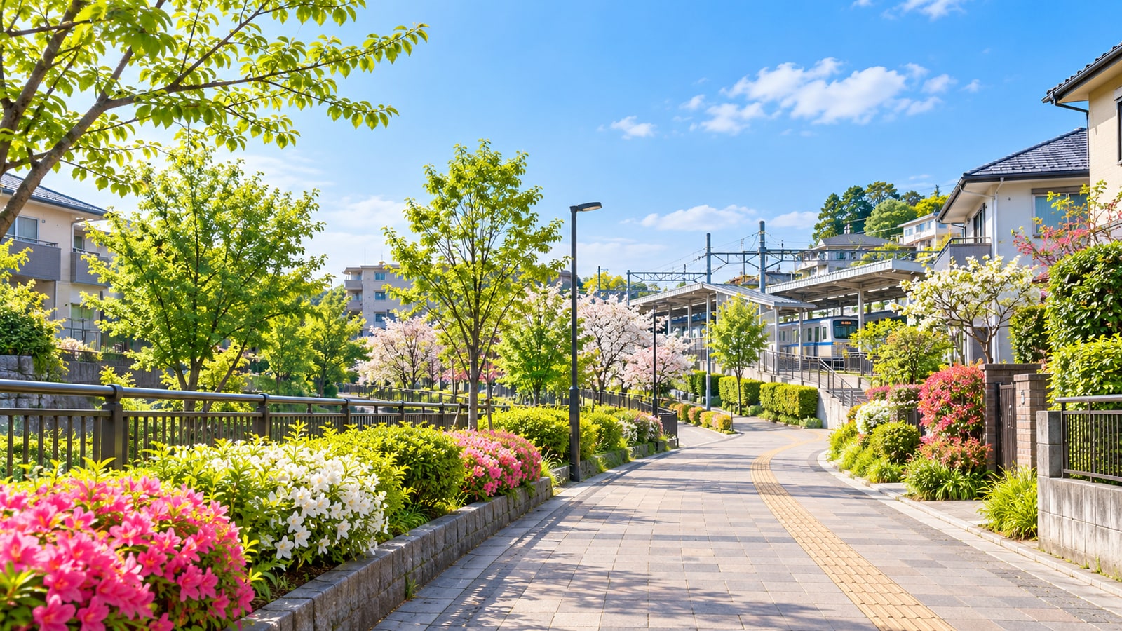 八千代市の住宅地と駅へ続く緑豊かな歩道をイメージした明るい風景