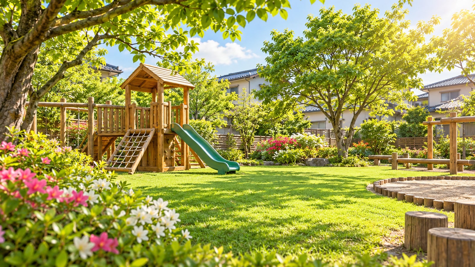 木々と花に囲まれた幼児向けの遊び場をイメージした風景