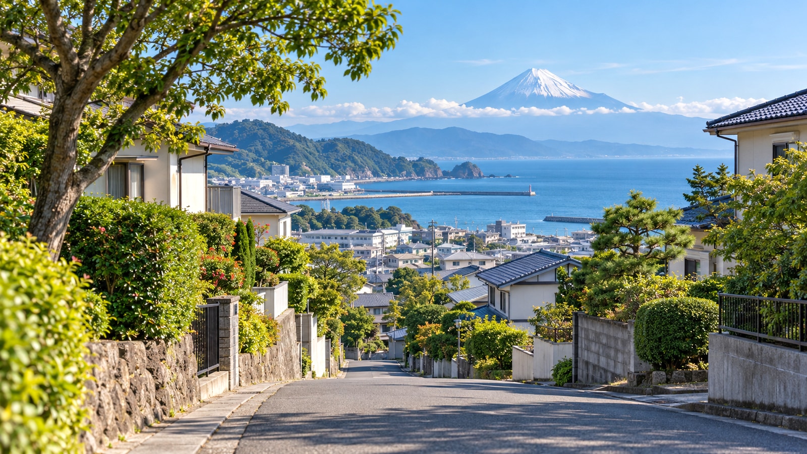 焼津市の緑ある住宅街から海と富士山を望む景色