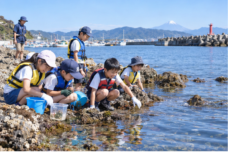 焼津の海辺をイメージした、笑顔の日本人の子どもたちの自然体験イラスト