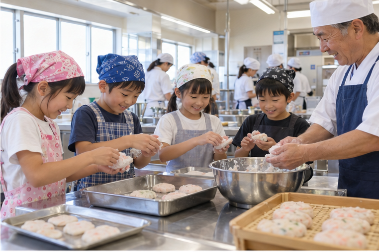 焼津の地域文化をイメージした、子どもがものづくりを楽しむ写真風イラスト