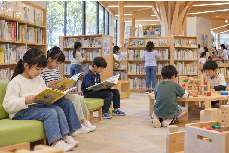 焼津の子ども施設をイメージした、笑顔の子どもたちが本を選ぶイラスト