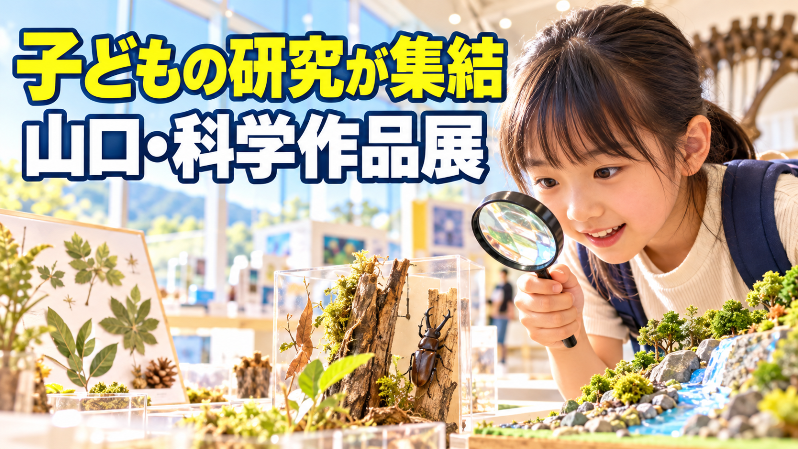 博物館で虫眼鏡を使って自然観察の展示を見る子ども。文字「子どもの研究が集結 山口・科学作品展」