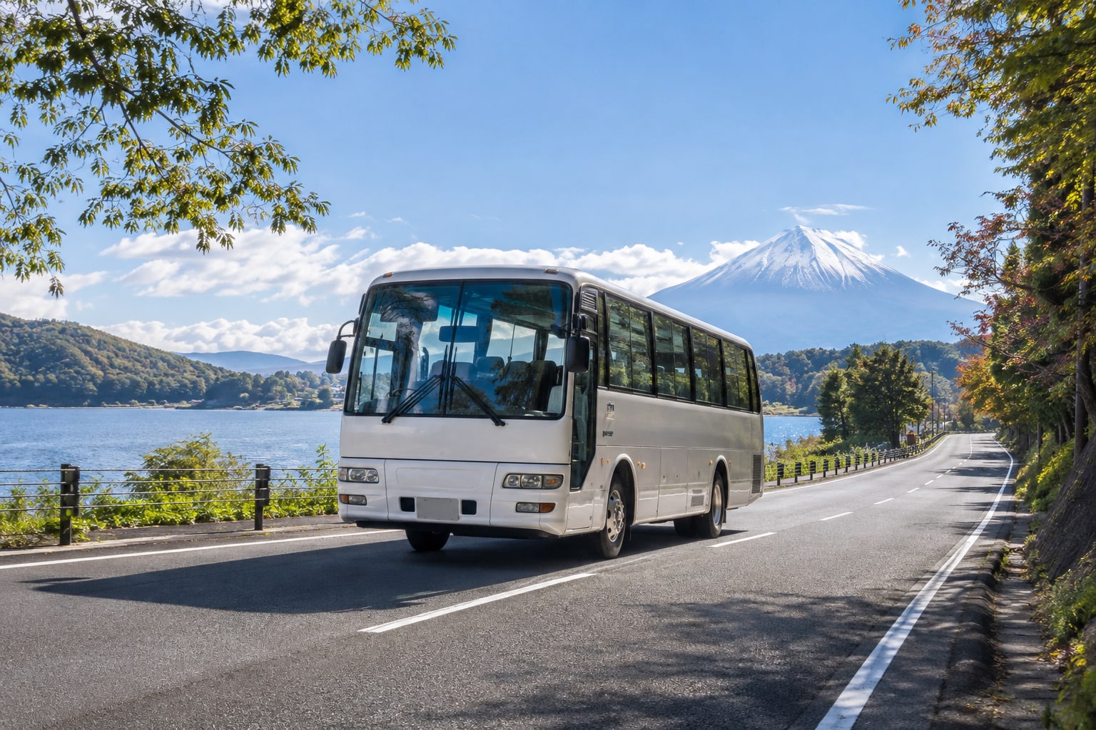 富士山を望む湖畔の道を走る通学バスのイメージ