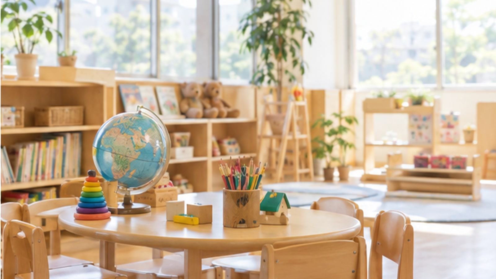 木の家具と地球儀のある明るい幼児教室
