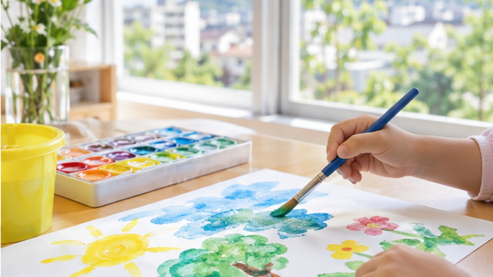 窓辺で絵の具を使って制作する子どもの手元