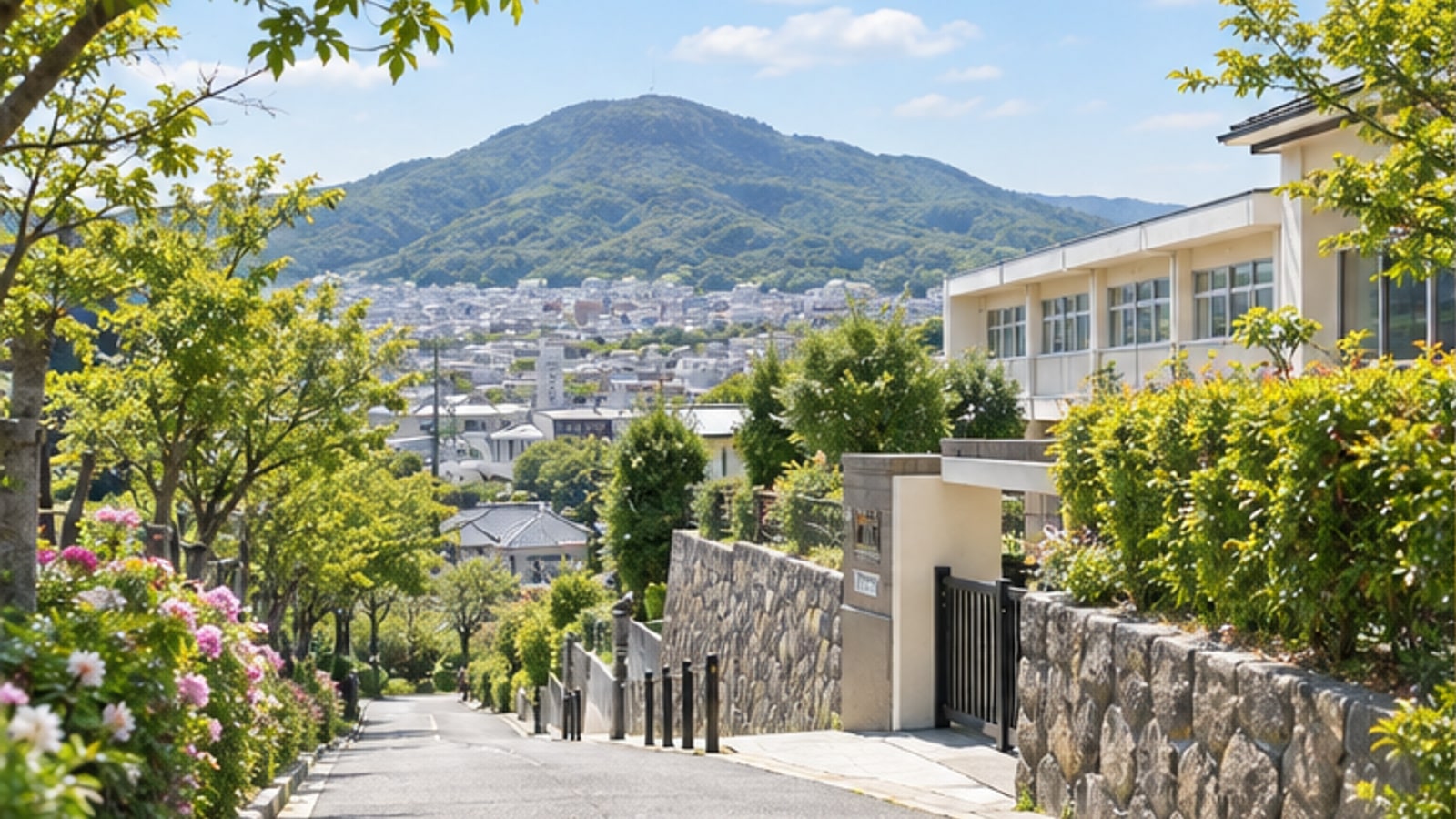 高安山の緑と八尾市の静かな通園路