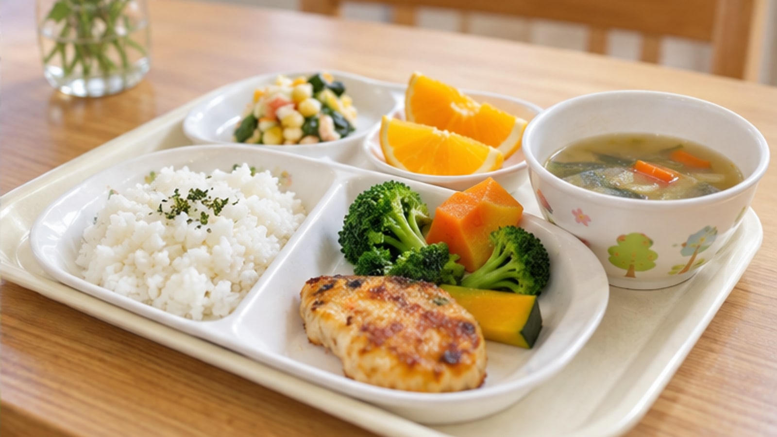 野菜とスープを含む幼児向け給食のイメージ
