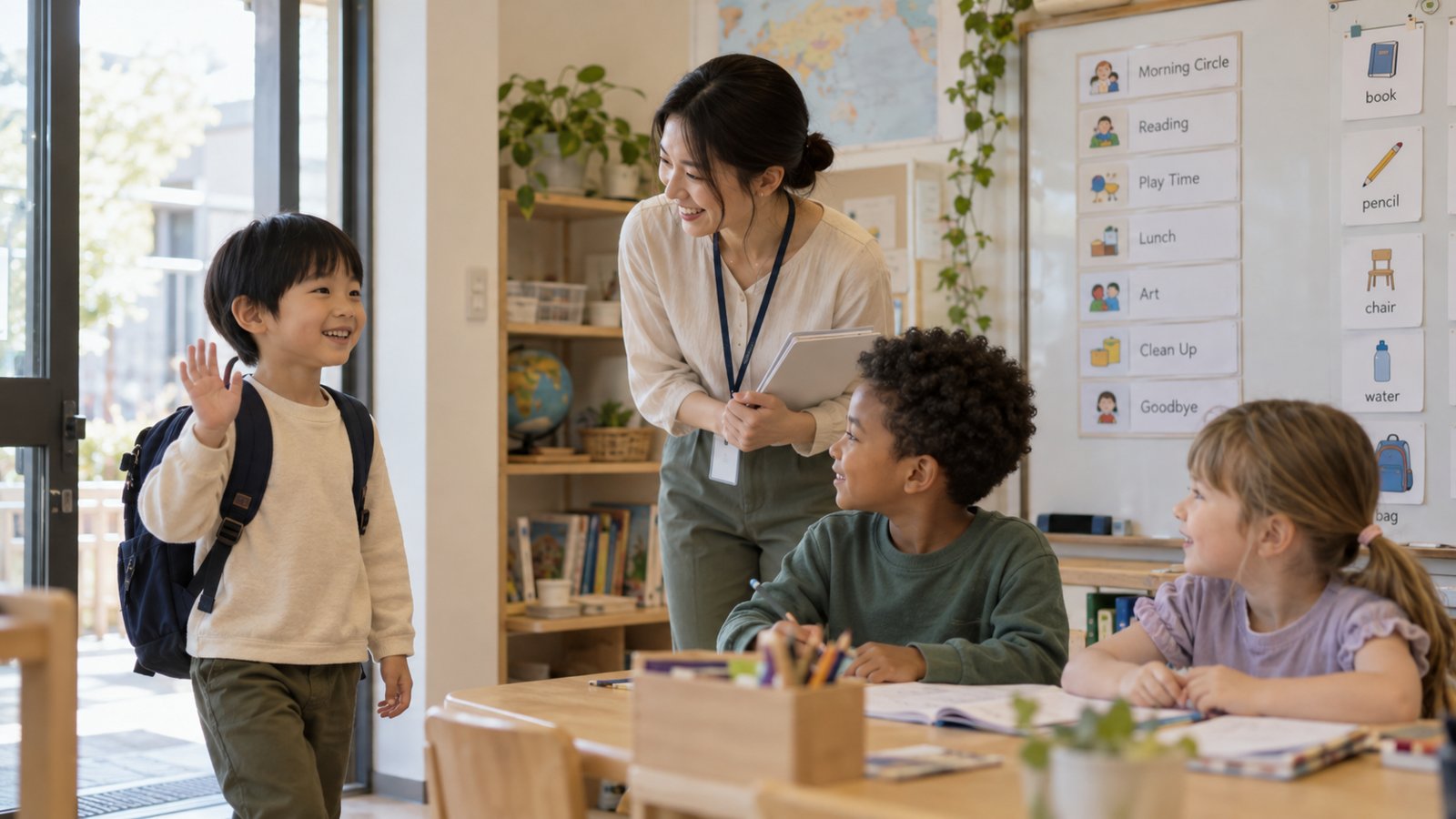 さまざまな背景の子どもたちがいる教室で、先生が新入生を迎えるイメージ